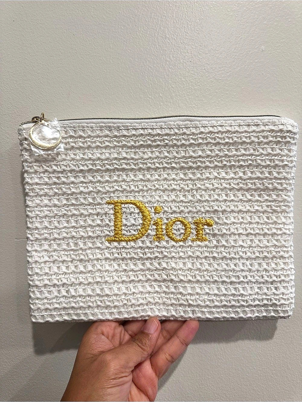 Dior Beauty White Woven Straw Pouch with Yellow Embroidered Logo Cosmetic Pouch
